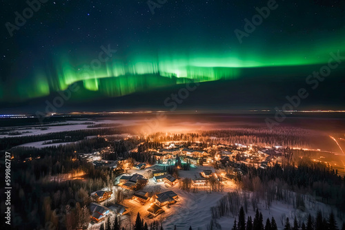 An enchanting winter cityscape with the aurora lights shining above created with Generative AI technology