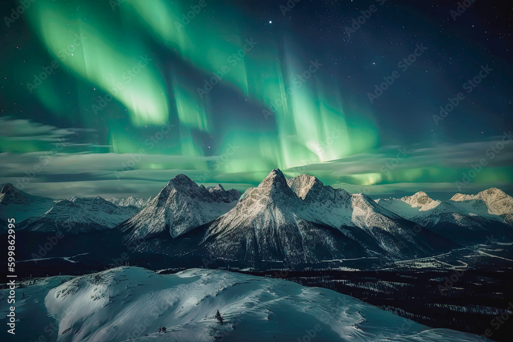 A mesmerizing aurora borealis above a snow-capped mountain range created with Generative AI technology