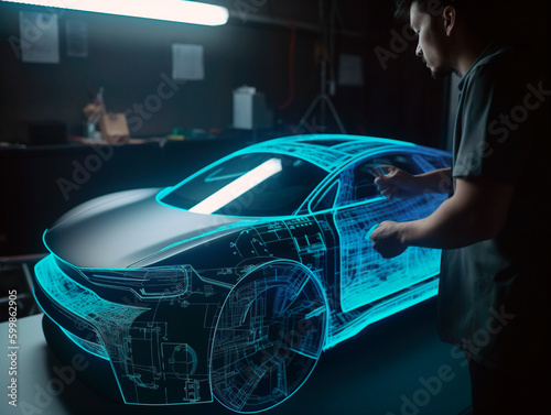 Engineers developing a virtual model of a sustainable ecological electric vehicle. AI generated