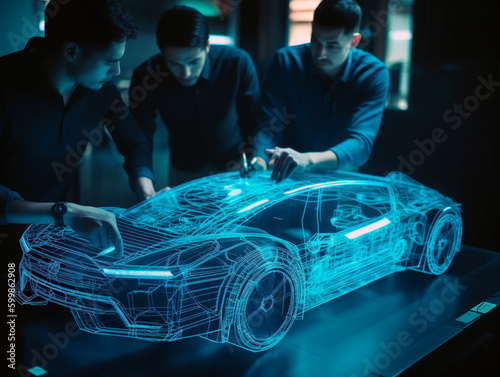 Car design engineers using holographic app in digital