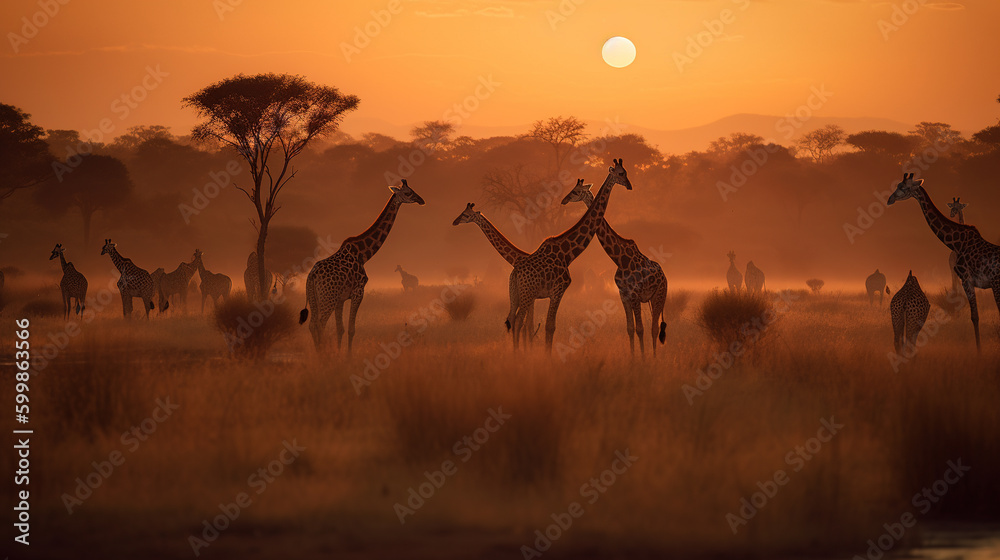 Sunset safari photography of giraffes at sunset - obrazy, fototapety, plakaty 