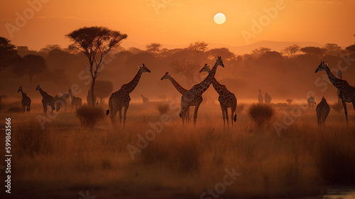 Sunset safari photography of giraffes at sunset