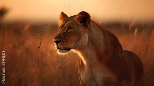 Closeup portrait of Safari female lion at sunset