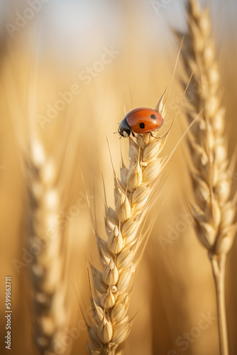 Ladybug on a spike of wheat on a farm field. Macro shot with shallow depth of field. Generated with AI