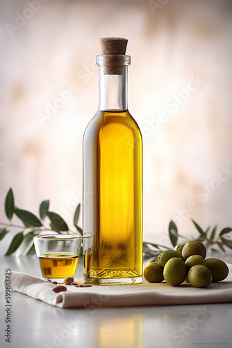 Bottle of Olive oil on  table with branches and olives in crop field full of olive trees. Generated with AI