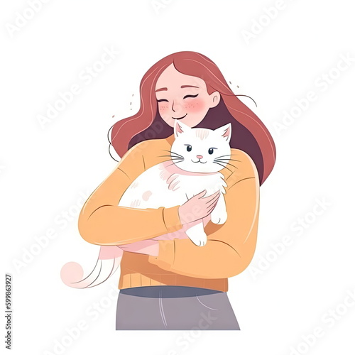 Cartoon character of person holding cat on white background