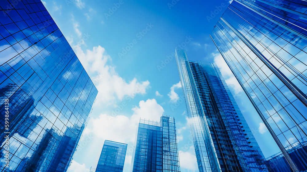 modern skyscrapers, business office buildings with blue sky,  AI generative