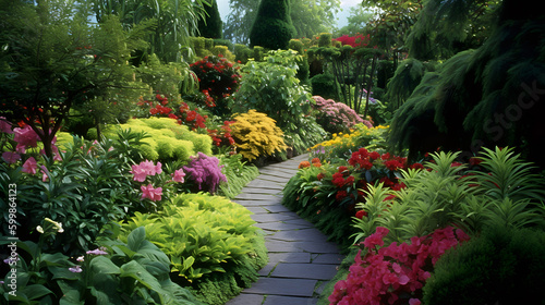Fototapeta Naklejka Na Ścianę i Meble -  A lush green garden with various types of colorful blooming plants creating a picturesque view
