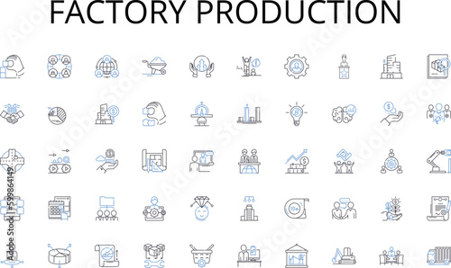 Factory production line icons collection. Analysis, Experimentation, Exploration, Investigation, Observation, Discovery, Data vector and linear illustration. Reports,Findings,Hypothesis outline signs