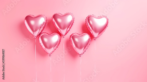 Pink heart shaped helium balloons on pink background. Generative AI