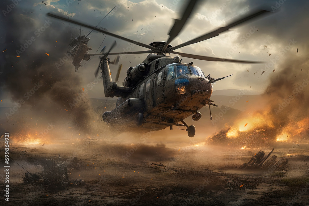 A helicopter fighting a raging fire in a time of conflict created with Generative AI technology A helicopter fighting a raging fire in a time of conflict created with Generative AI technology