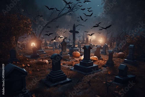 Halloween background with pumpkins and graveyard, created with generative ai