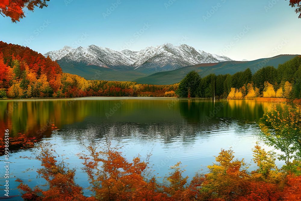 Trees and lakes with signs of autumn from high mountains created with generative AI technology