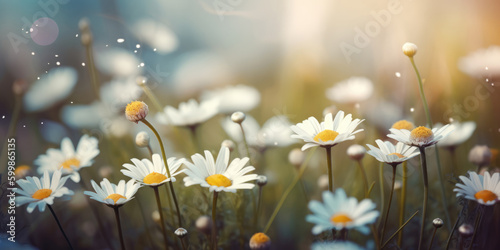 Chamomile flowers. Beautiful blossoming daisies over summer meadow. Floral background for greeting card for Mother's day, Birthday, Women's day. Generative ai illustration
