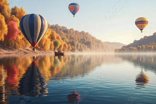 A three hot air balloons soaring over a serene lake created with Generative AI technology