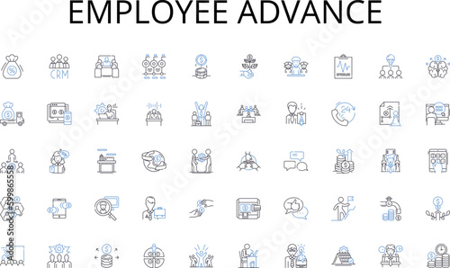 Employee advance line icons collection. Collaboration, Synergy, Trust, Communication, Symbiosis, Cohesion, Alignment vector and linear illustration. Cooperation,Integration,Engagement outline signs