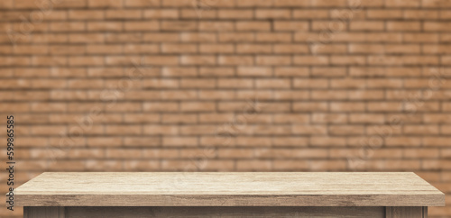 wooden table mockup, blurred brick wall backround