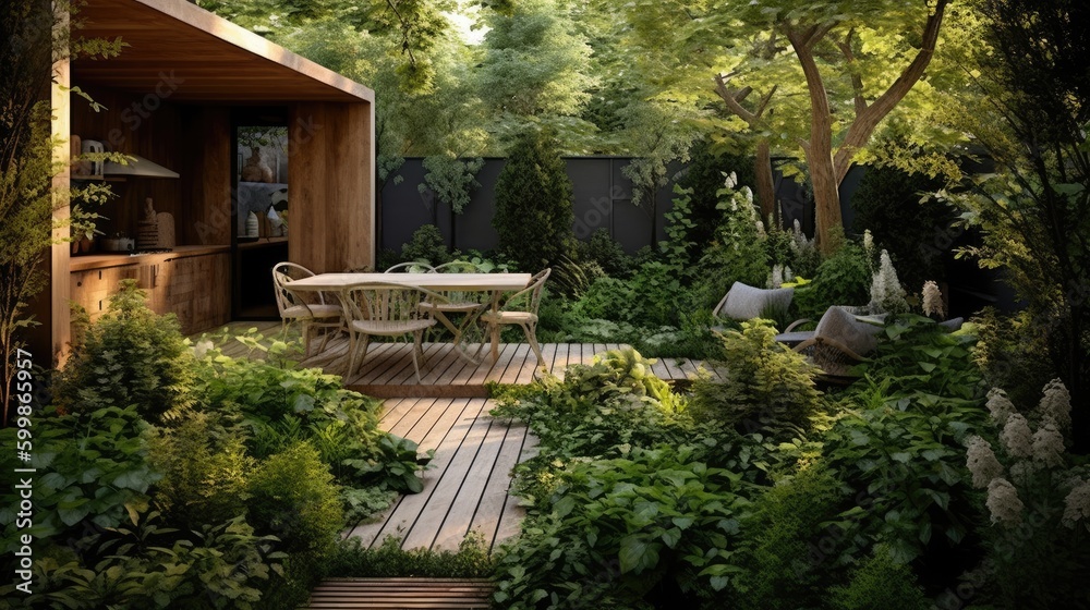 A backyard garden with a wooden deck and an outdoor dining area. Generative AI 