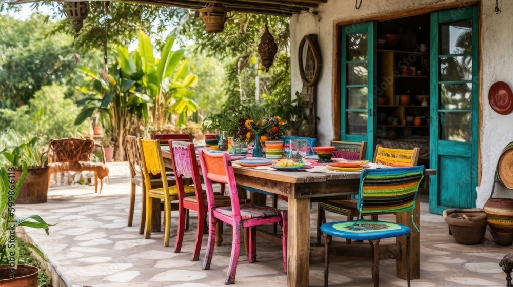 Obraz premium A beautifully designed outdoor dining area with colorful rustic wooden chairs. Generative AI
