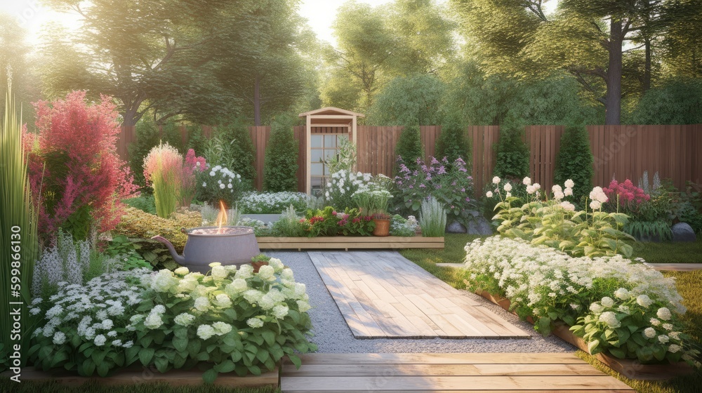 Beautiful blooming flowers and raised garden beds in the backyard garden.  Generative AI 