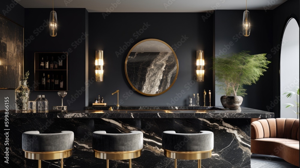 A chic bar area with a marble black countertop and gold accessories. Generative AI 