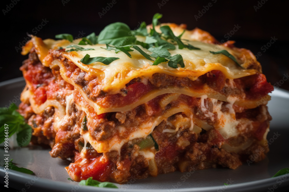A delicious plate of delicios and creamy italian food lasagna with a side of garlic bread created with Generative AI technology