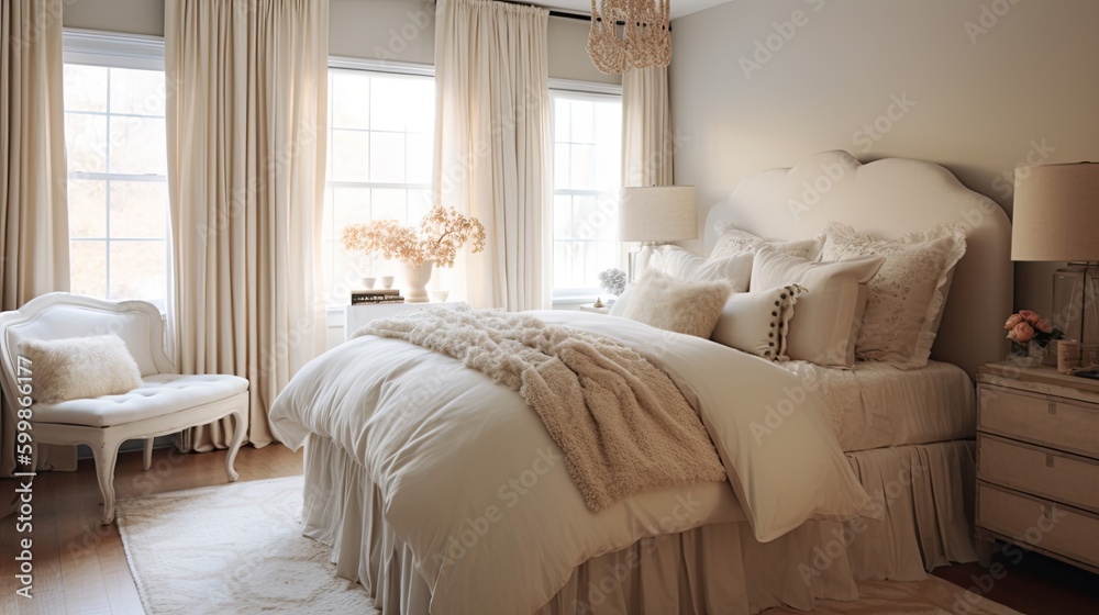 Fototapeta premium A cozy and inviting bedroom with a plush headboard and neutral bedding sheets. Generative AI