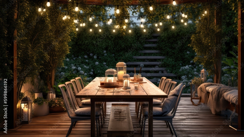 A beautiful cozy and inviting place with a dining area with strip lights and a pergola. Generative AI A beautiful cozy and inviting place with a dining area with strip lights and a pergola. Generative AI