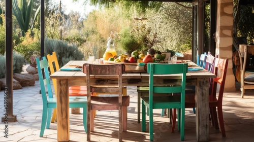 A close-up of a beautifully designed outdoor dining area with colorful rustic wooden chairs. Generative AI  