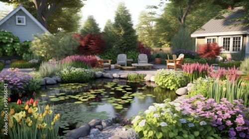 A beautiful landscape backyard with a pond and blooming flowers. Generative AI 