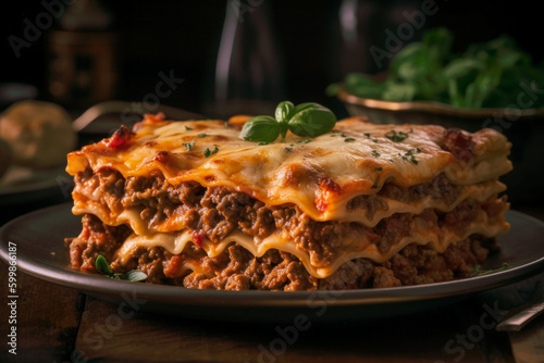 A delicious plate of delicios and creamy italian food lasagna with a side of garlic bread created with Generative AI technology