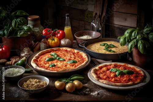 A table with italian food pizza margherita created with Generative AI technology
