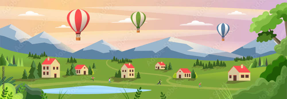 Landscape with air balloons. People in village and houses near lake. Rural landscape and panorama. Travel, journey and adventure. People walking on district. Cartoon flat vector illustration