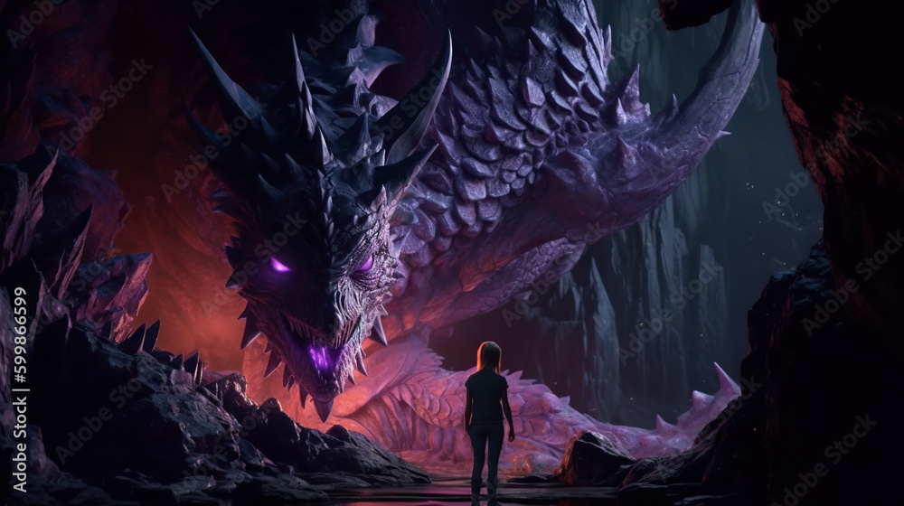 Little girl standing in front of huge purple dragon, fantasy ...