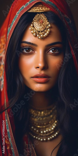 southern princess with headscarf and magnificent jewelry made of gold, chains and headdress, portrait of the face of an indian woman, fictional person made with generative ai