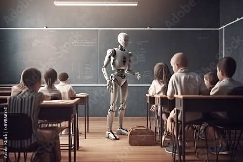 Robot teacher replacing human, working in school classroom, standing near chalkboard. Generative AI
