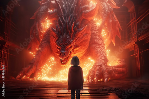 Little girl standing in front of huge red fire breathing dragon, fantasy illustration. Generative AI