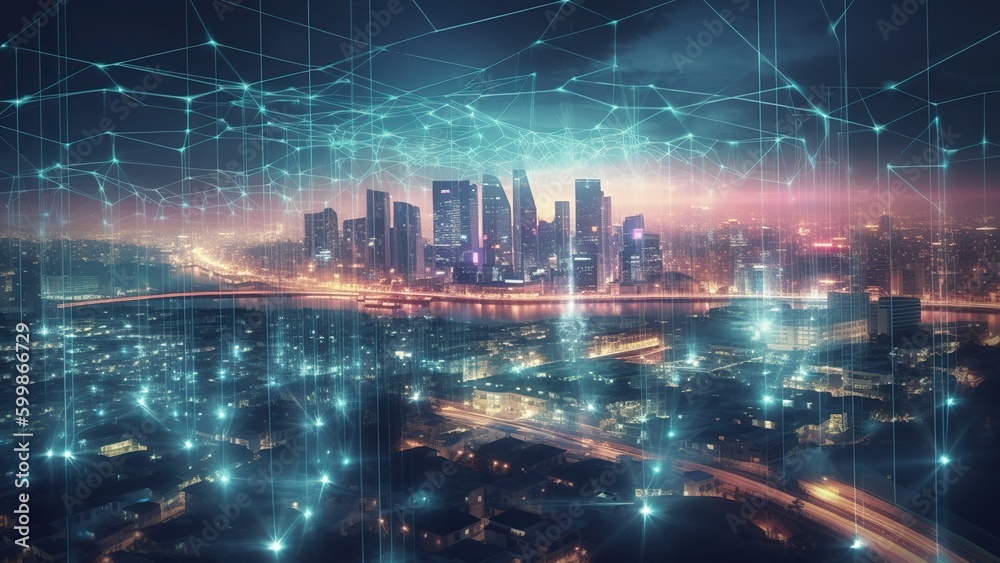 Futuristic city connected with future digital technology. Generative AI