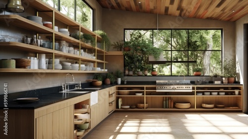 A modern kitchen interior with a large farmhouse sink and an open shelve. Generative AI