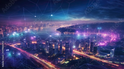 Futuristic city connected with future digital technology. Generative AI