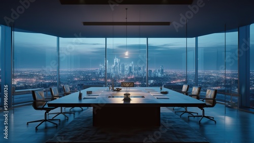 Large boardroom in modern office with great view. Generative AI