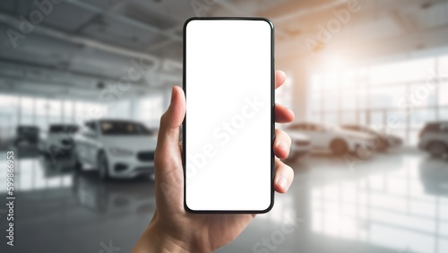 Car-buying app phone mockup, blank white screen for auto dealership application, helping to buy used car. Generative AI