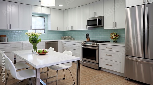 A modern white kitchen interior with sleek stainless steel appliances. Generative AI