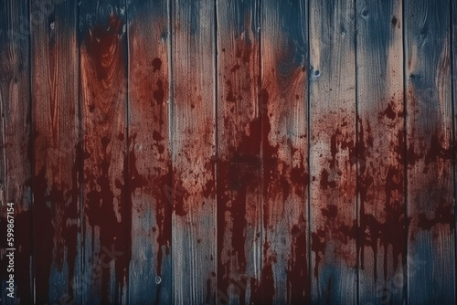 Horror wood blood stain background, grunge rough wooden plank wallpaper. AI generative