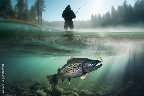 Fishing. Fisherman and trout, underwater view of the fish. Generative AI