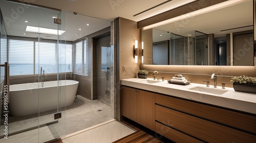 A sleek and modern bathroom with a glass shower and double mirrors. Generative AI 