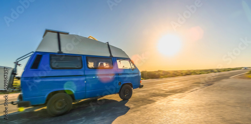 Fototapeta Naklejka Na Ścianę i Meble -  Transporter Camping Van bus at the California Ocean in the coastal Nature