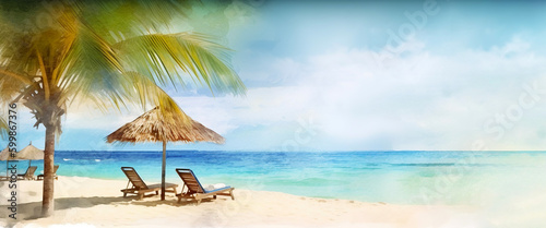 Tropical beach vacation banner. Summer travel tourism concept. Generative AI © iridescentstreet