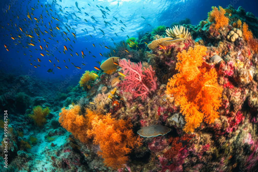 Fototapeta premium A vibrant coral reef teeming with a diverse school of fish created with Generative AI technology