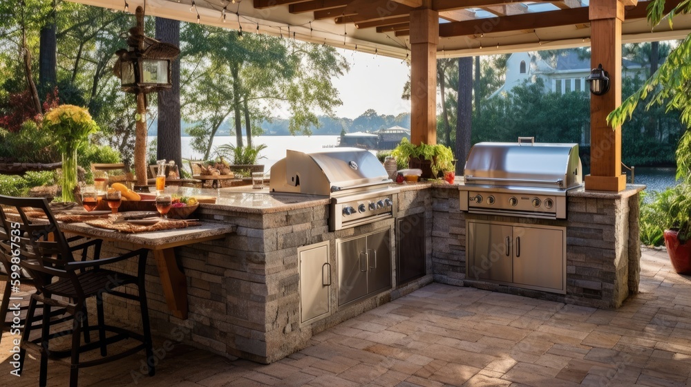 A spacious outdoor kitchen with a grill and plenty of seats. Generative AI A spacious outdoor kitchen with a grill and plenty of seats. Generative AI